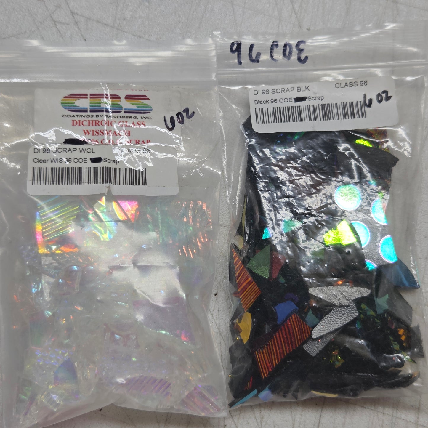 96 COE Dichroic Glass Scrap Clearance Mix | Damaged Shipment 6 oz Dichro on Clear + 6 oz Dichro on Black