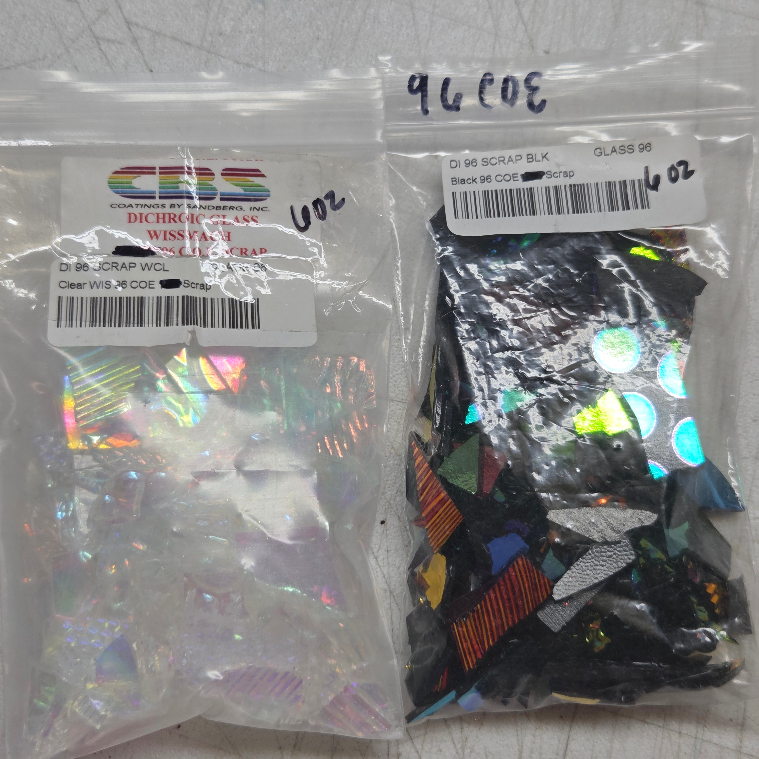 96 COE Dichroic Glass Scrap Clearance Mix | Damaged Shipment 6 oz Dichro on Clear + 6 oz Dichro on Black