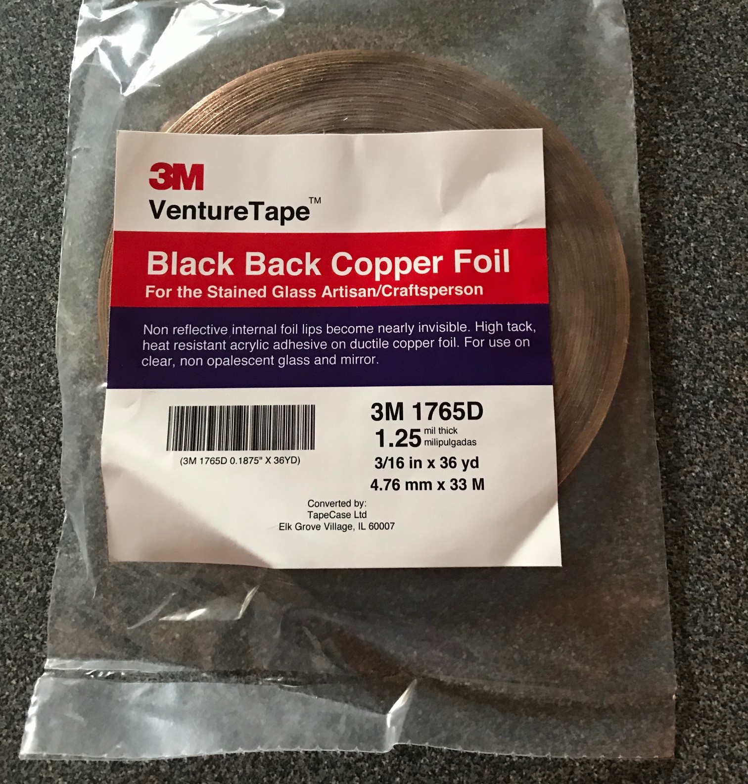 7/32" Venture Tape 3 Rolls BLACK BACK Stained Glass Copper Foil 